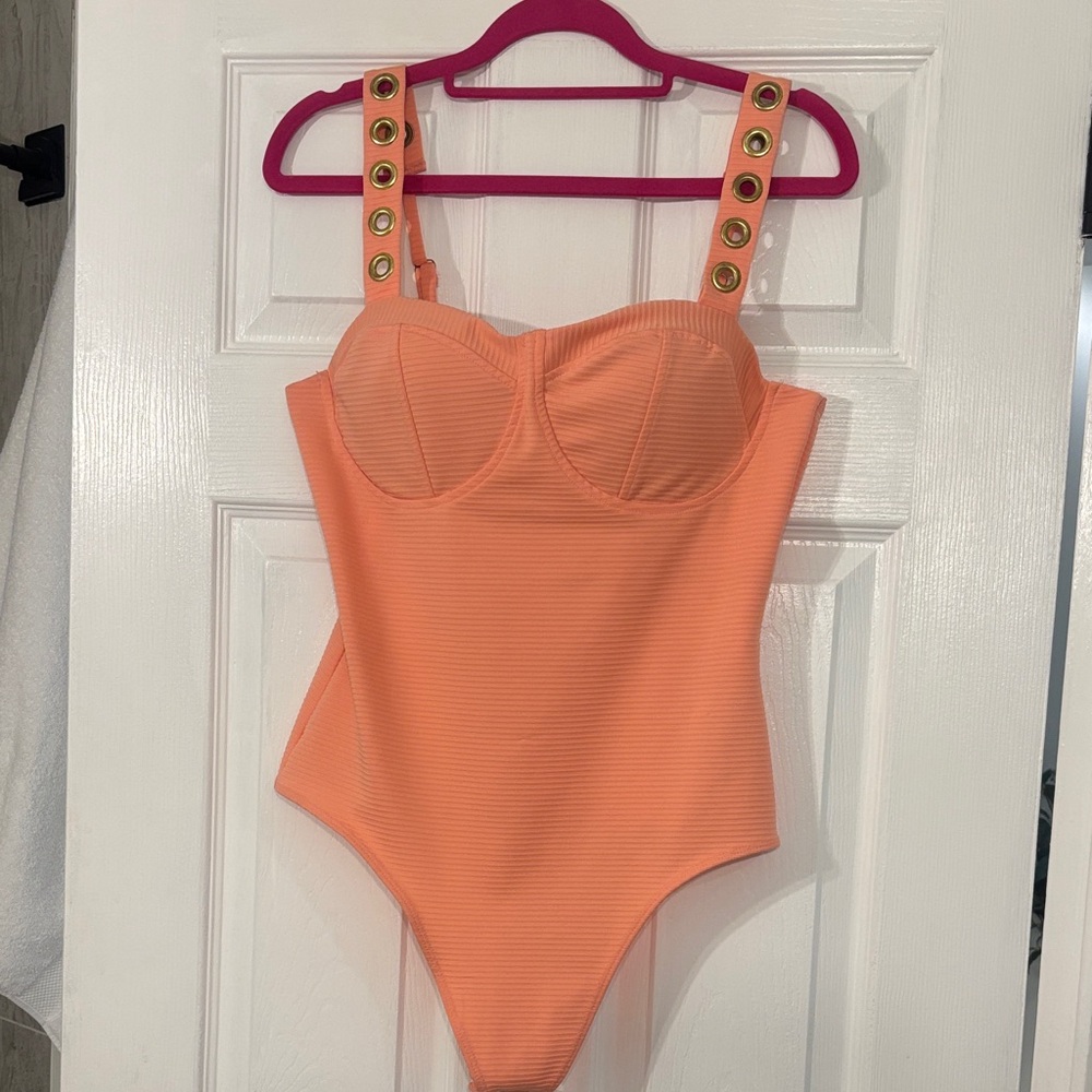 SOLD GBG by Guess Salmon/Coral Orange Ribbed Swimsuit with Gold Accents